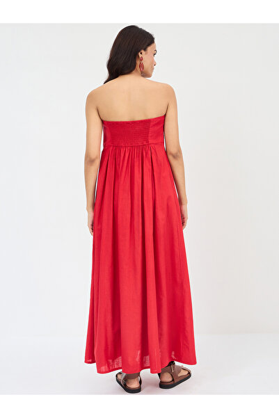 Styli Red Cotton Bandeau Neck Maxi Dress
