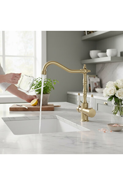 İSAOĞLU YAPI Purified Kitchen Sink Faucet Matte Gold Kitchen Faucet Avant-Garde Design Suitable for Purifiers Guaranteed
