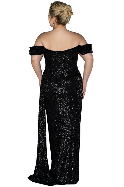 Arden Plus Size Evening Dress, Sequin Sequin Boat Neck, Wedding with Slit, Engagement Junior Evening Dress, Graduation Dress, 42-50