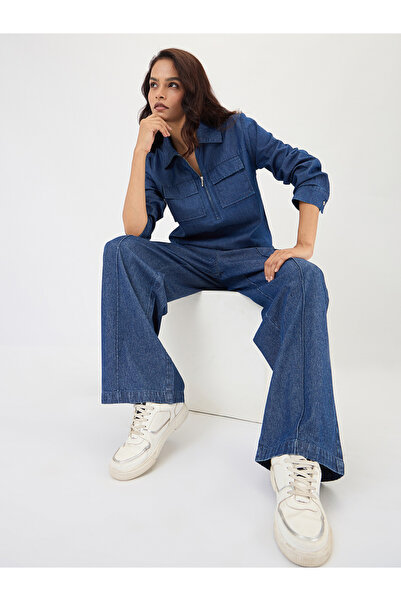 Femmella By Styli Navy Denim Wide Leg Cargo Trousers