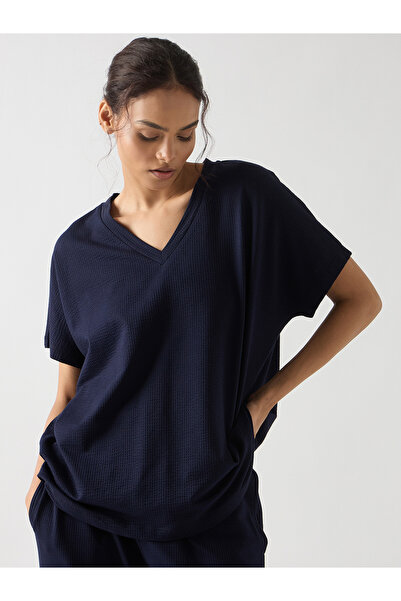 Femmella By Styli Navy Blue Cotton Short Sleeve Knit T-Shirt