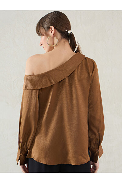 Femmella By Styli Brown One Shoulder Detail Satin Top