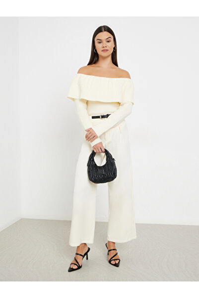 Styli Women Off White Ribbed Off Shoulder Neck Top