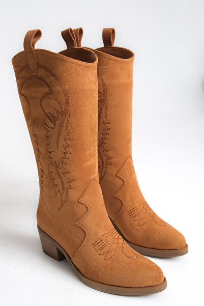Ayakkabı Delisiyim Taba Rengi Süet Kadın Çizme Nakışlı Western Kovboy Kaymaz ...