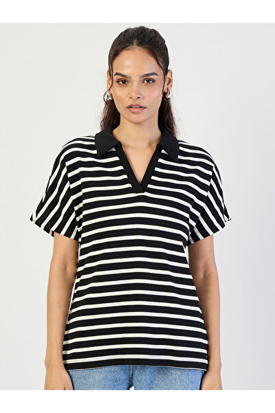 Femmella By Styli Black Striped Knit Polo T-Shirt