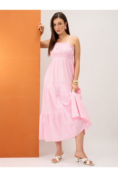 Globus By Styli Pink Checkered Square Neck Strappy Maxi Dress
