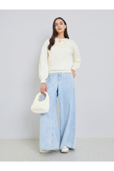 Take Two By Styli Solid Tie-Up Neck Flower Detail Sweater