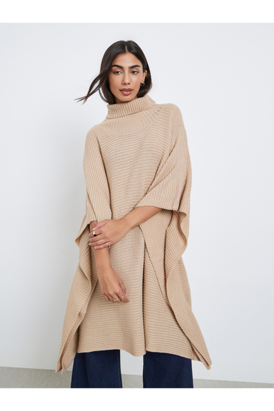 Styli Beige Oversized Chunky Knit Cape Sweater