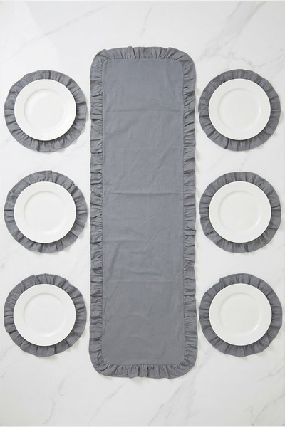 YUNUSOĞLU HOME Gray Ruffled Runner and Placemat Set - Tablecloth Set 7 Pieces 150X50