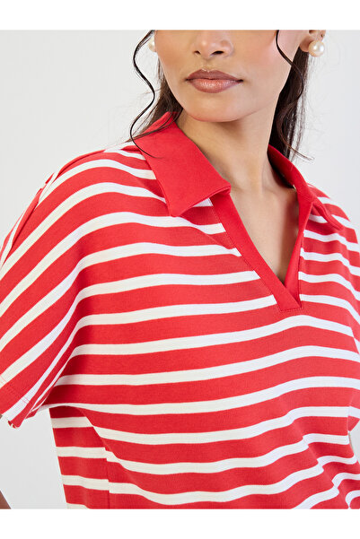 Femmella By Styli Red Striped Polo Knit T-Shirt