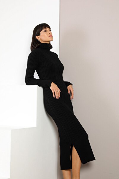 Ferraro Μαύρο φόρεμα πλεκτό γυναικείο με μακρυμάνικο μοτίβο ρίγες και λεπτομέ...