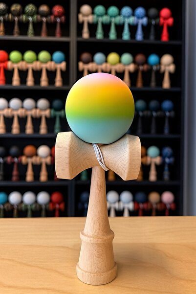 Inovius Kendama din lemn, 18cm, bila multicolora, vopsea cauciucata mata - DK...