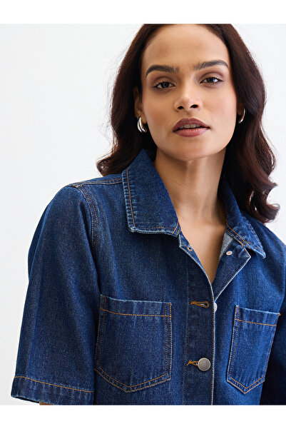 Femmella By Styli Navy Blue Denim Short Sleeves Shirt