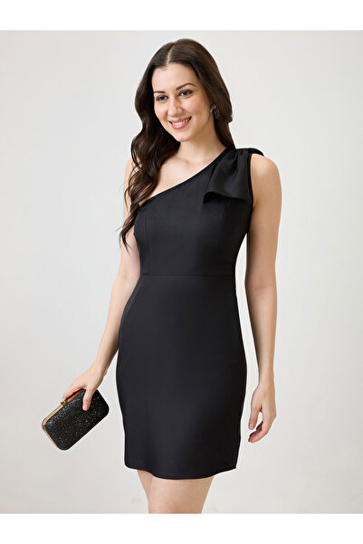 Globus By Styli Black One Shoulder Bow Detail Sheath Mini Dress