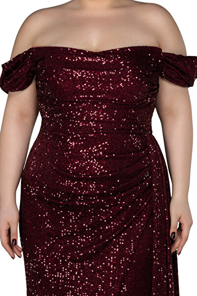 Arden Plus Size Evening Dress, Sequin Sequin Boat Neck, Wedding with Slit, Engagement Junior Evening Dress, Graduation Dress, 42-50
