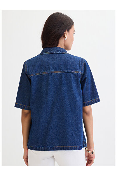 Femmella By Styli Navy Blue Denim Short Sleeves Shirt