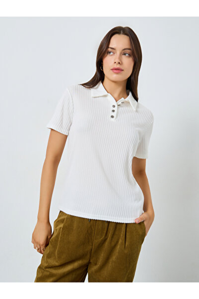 Styli White Ribbed Short Sleeve Polo T-Shirt