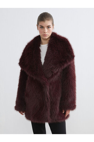 LC Waikiki Lcw Modest Burgundy Jacket Collar Oversized Women Faux Fur Coat