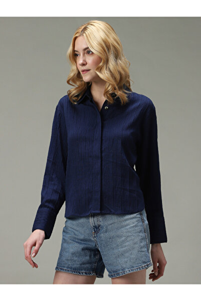 Outzidr By Styli Navy Blue Side Button Detail Textured Shirt