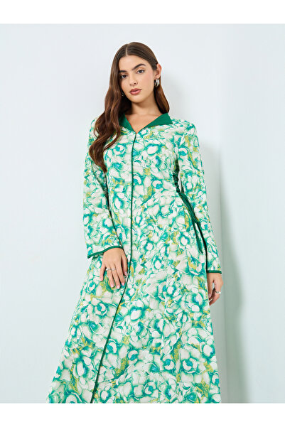 Take Two By Styli All-Over Printed V Neck Split Long Sleeve Maxi Dress