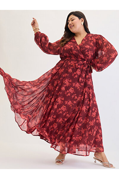 Femmella By Styli Plus Size Maroon Floral Print Wrap Maxi Dress