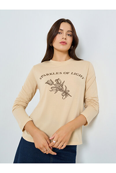 Styli Beige Graphic Print Long Sleeve T-Shirt