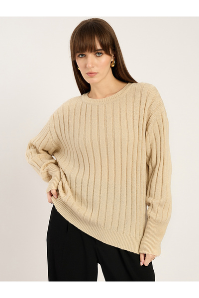 Femmella By Styli Beige Ribbed Knit Crew Neck Sweater