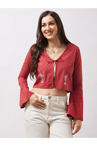 Globus By Styli Women Brown Tie-Up Neck Embroidered Detail Crop Top