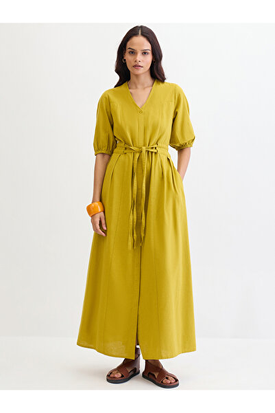 Styli Citrine Green Cotton Linen Maxi Dress
