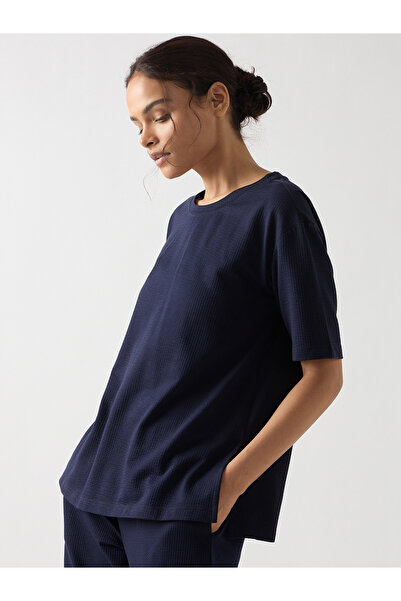 Femmella By Styli Navy Blue Cotton Short Sleeve Knit T-Shirt