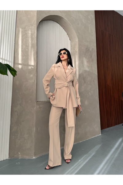 Moda İkra Blazer Jacket Wide Leg Pants Set with a Wide Fabric Belt Tied at the Waist