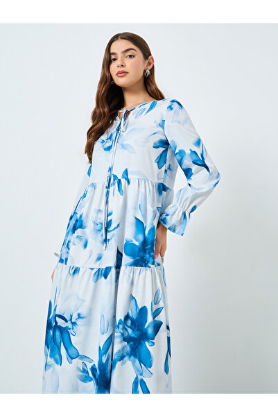 Take Two By Styli Floral Printed Tie-Up Neck Long Sleeve Midi Dress