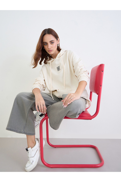 Styli Cream Embroidered Oversized Hoodie