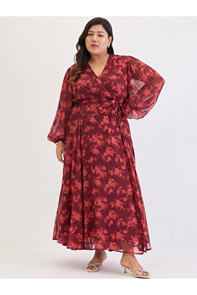Femmella By Styli Plus Size Maroon Floral Print Wrap Maxi Dress