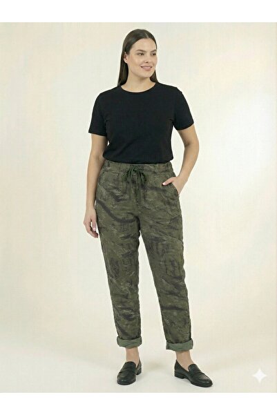 della moor Women's Khaki Italian Feather Patterned L Stretch Fabric Elastic Waist Narrow Leg Trousers Size 40 - 48