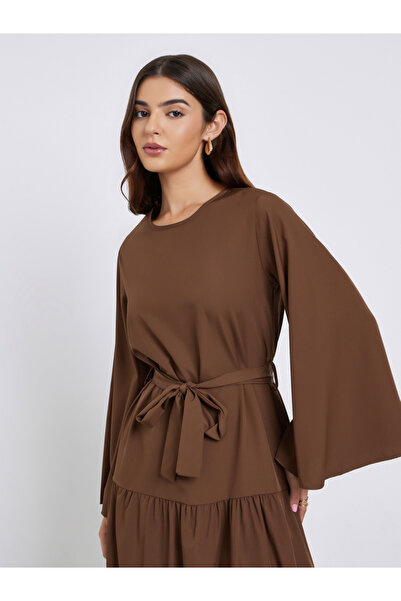 Styli Brown Midi Dress with Flute Sleeves