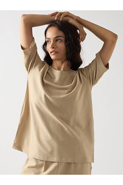Femmella By Styli Beige Cotton Short Sleeve Knit T-Shirt