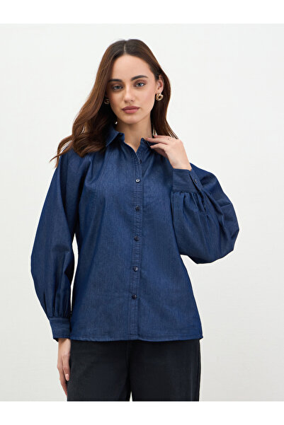 Styli Dark Blue Balloon Sleeves Denim Blouse