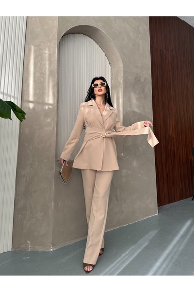 Moda İkra Blazer Jacket Wide Leg Pants Set with a Wide Fabric Belt Tied at the Waist