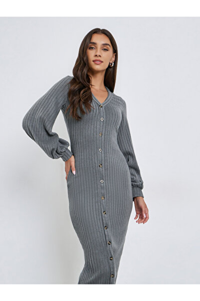 Styli Grey Ribbed Balloon Sleeve V-Neck Midi Dress