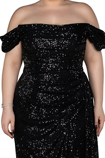 Arden Plus Size Evening Dress, Sequin Sequin Boat Neck, Wedding with Slit, Engagement Junior Evening Dress, Graduation Dress, 42-50