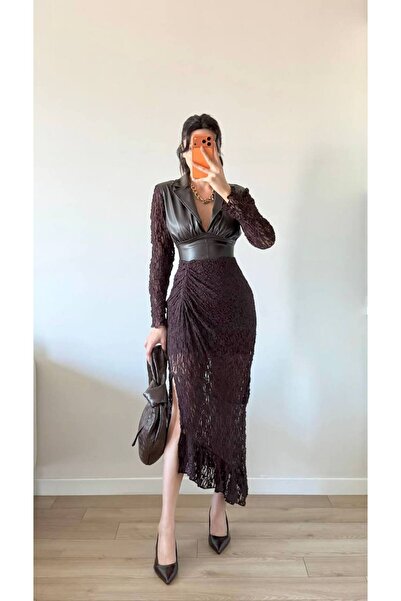 LOCH BUTİK Women's Brown Leather Front Gathered Slit Midi Dress