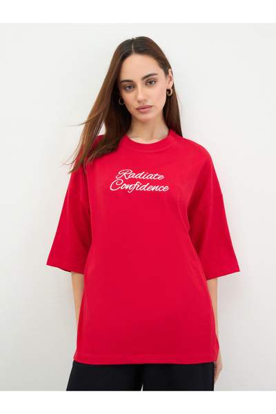 Styli Red Embroidered Oversized T-Shirt