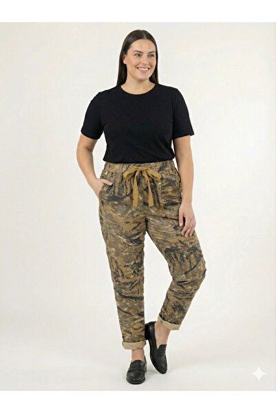 della moor Women's Camel Italian Feather Patterned L Stretch Fabric Elastic Waist Narrow Leg Pants 40 - 48 Size