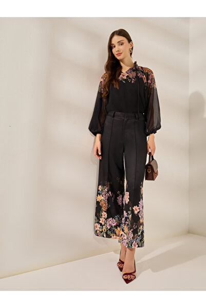 Styli Black Wide Leg Trousers with Floral Hem