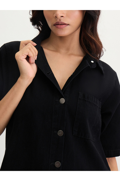 Styli Black Denim Knee Length Shirt Dress