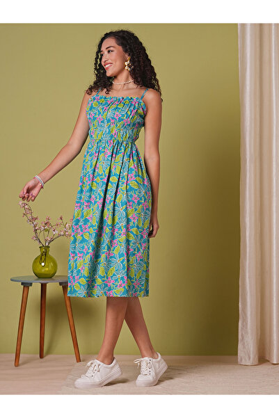 Globus By Styli Floral Print Strappy Gathered Midi Fusion Dress