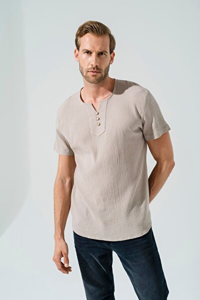 FOR YOU MODA Kurzarmhemd mit 3 Knöpfen, steinfarben