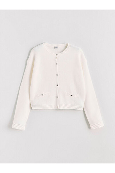 LC Waikiki Ecru okrugla kragna Djevojački pleteni kardigan