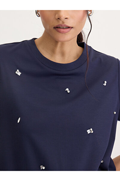 Femmella By Styli Navy Blue Rhinestone Embellished Short Sleeve T-Shirt